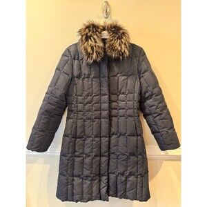 1 Madison Black Down Puffer Coat Long Sleeve Fox Fur Trim Full-Zip Size Small